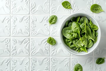 Organic spinach leaves in ceramic bowl on clean white tiled table, flat lay