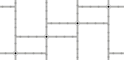 Seamless vector pattern of geometric shapes created from black lines, in the form of ovals, rectangles, circles.