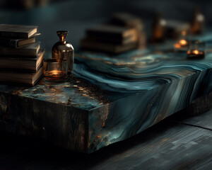Dark man cave mockup, dark blacks, greens and copper