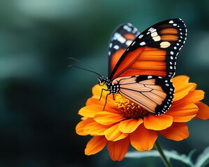 Obraz premium Pastel background butterfly on marigold surrounded by sunbeams realistic botanical mockup richly colored lens blur