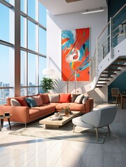 Bright living room with orange sofa abstract art and large windows in a modern penthouse apartment