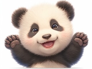 Naklejka premium A smiling baby panda with its arms raised. It has cute features and soft fur