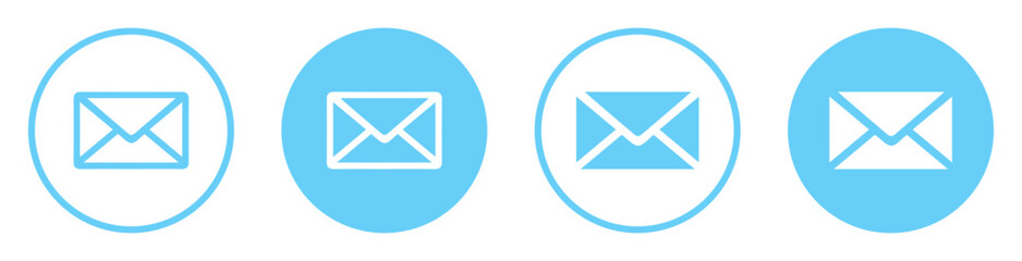 Email envelope icons set in blue color. Mail symbol collection. Envelope icon line and silhouette style. Envelope, email message and mail buttons. Notification new message icons. Vector illustration.