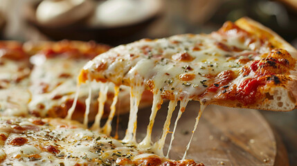 A Mouthwatering Slice of Heaven: Golden, Gooey Cheese Pulling Away from a Hot and Delicious Pizza, Ready to Be Enjoyed.