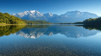 Fototapeta premium Still lake reflecting mountains under clear blue sky
