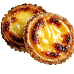 Close up shot of two portuguese egg tarts with flaky crusts and creamy custard filling on black background white background