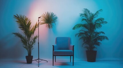 Fototapeta premium Video shoot setup with lighting and backdrops for a product demonstration