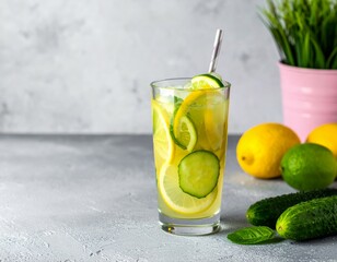 Fototapeta premium A tall glass of citrus cucumber drink sits on a gray table, garnished with lemon and lime slices, surrounded by fresh ingredients and a potted plant.