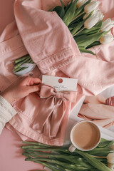 White tulips wrapped in a soft pink denim jacket with a satin pink hair bow on a card, styled on a...