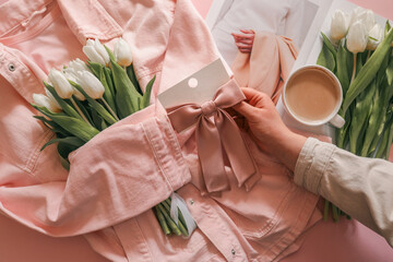 White tulips wrapped in a soft pink denim jacket with a satin pink hair bow on a card, styled on a...
