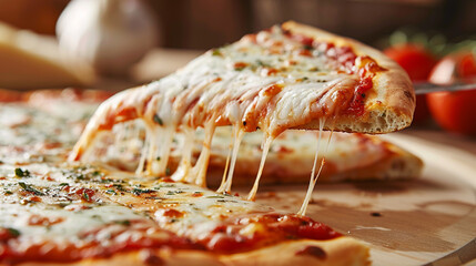 A Mouthwatering Slice of Heaven: Golden, Gooey Cheese Pulling Away from a Hot and Delicious Pizza, Ready to Be Enjoyed.