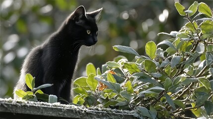 Obraz premium Black cat perched on a rooftop among frosted plants