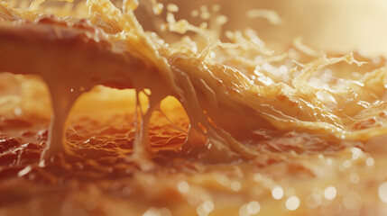 A Mouthwatering Slice of Heaven: Golden, Gooey Cheese Pulling Away from a Hot and Delicious Pizza, Ready to Be Enjoyed.
