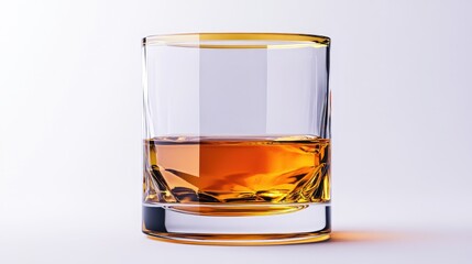 High-resolution macro of a polished gold-rimmed whiskey glass with a thick base, crisp reflections on an immaculately white background.