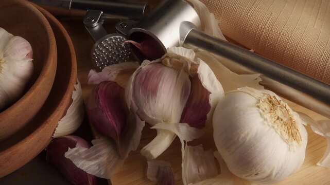Garlic bulb and crusher squeezer top down view stock footage