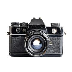 Vintage black SLR camera.  Front view, showing lens, body, and controls