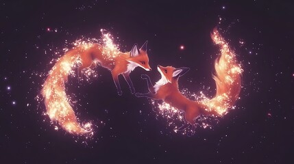 Obraz premium Animated foxes embrace celestial fire abstract concept