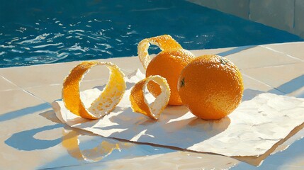 Orange peels curled artistically next to fresh citrus halves on a soft cotton napkin, warm tones and morning light, detailed surface texture and minimal composition