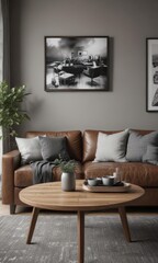 Brown couch, wood dining table, black & white photos, grey walls  Chic contemporary living space ,  home staging,  sofa