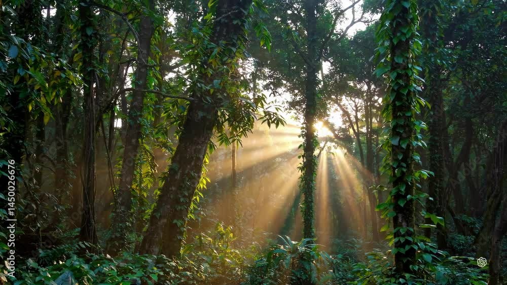 Poster misty rainforest at dawn with sunlight filtering through trees