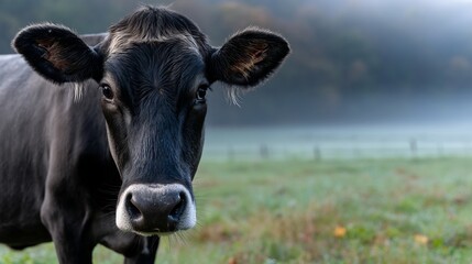 Black cow in a misty pasture