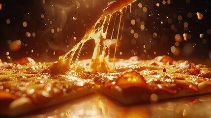 A Mouthwatering Slice of Heaven: Golden, Gooey Cheese Pulling Away from a Hot and Delicious Pizza, Ready to Be Enjoyed.