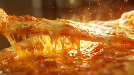 A Mouthwatering Slice of Heaven: Golden, Gooey Cheese Pulling Away from a Hot and Delicious Pizza, Ready to Be Enjoyed.