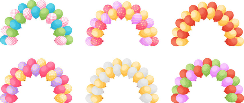 Cartoon colorful balloon arch set, party decoration vector illustration