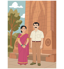 Indian couple visiting historical monument flat vector illustration. Traditional Indian man and woman standing near cultural heritage site. 
