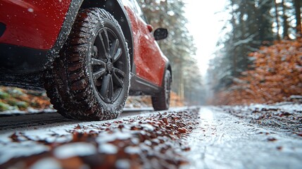 Vehicle on winter road through snowy forest