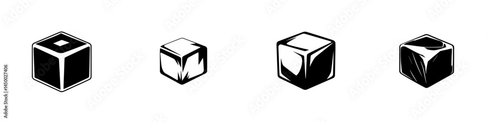 Poster different shapes of ice cubes arranged in a row showcasing various styles and textures in black and 