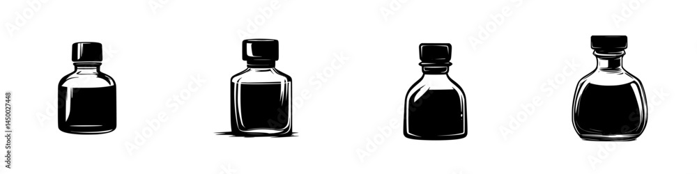 Poster various small bottles filled with dark liquid on a plain surface showcasing different shapes and siz