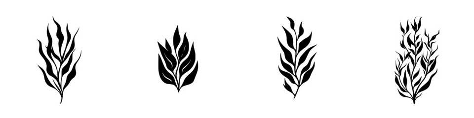 Black and white botanical illustrations of abstract leaves arranged in a harmonious layout