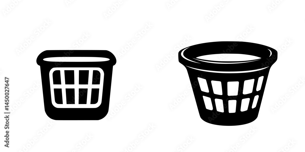 Poster two different styles of laundry baskets in a simple black and white design with clear structure and 