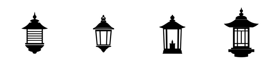 Various decorative lantern designs showcasing traditional and modern styles in a minimalist black silhouette format