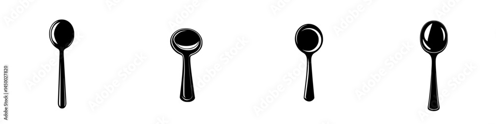 Poster various spoon designs displaying different perspectives and shapes in a minimalist style
