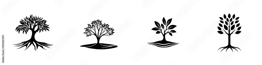 Poster tree illustrations showcasing different stages of growth and styles in a minimalist black and white 