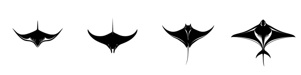 Various designs of manta rays in a stylized black silhouette form in an artistic composition
