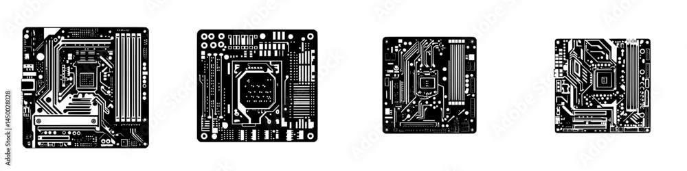 Poster circuit board designs showcasing various layouts and configurations in monochrome colors