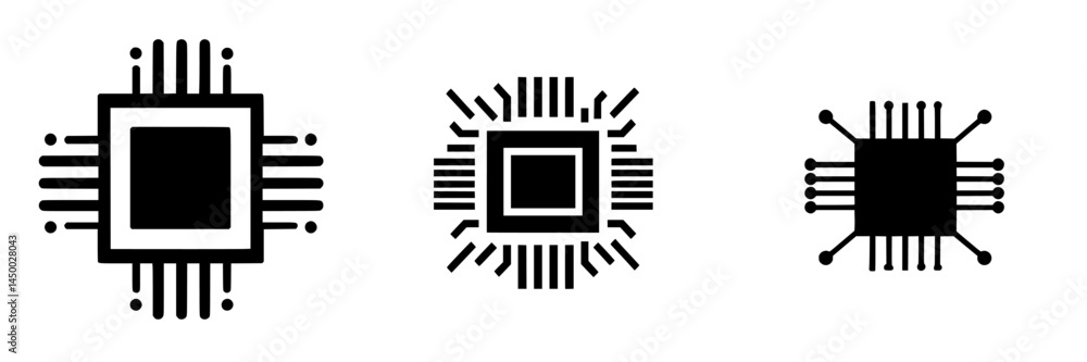 Poster circuit designs illustrating various microchip layouts in a minimalist style