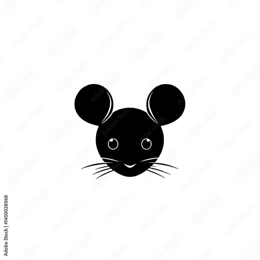 Poster mouse head illustration with large ears and cheerful expression in a minimalistic style