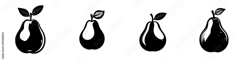 Poster collection of four stylized pear illustrations showcasing various shapes and sizes in simple black a