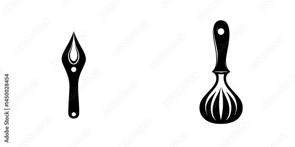 Poster artistic representation of a vintage pen nib and a whisk on a plain background