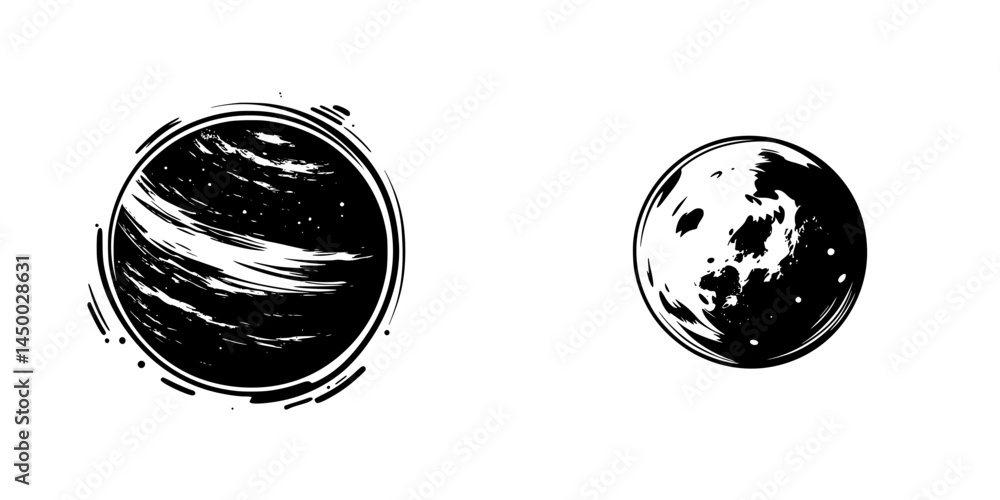 Poster artistic representation of a planet and moon in a cosmic style showcasing celestial features and tex