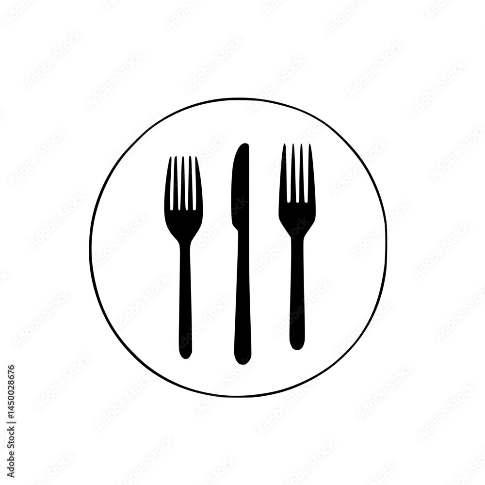 Poster dining utensils arranged in a circular design with forks and knife for a dining setting