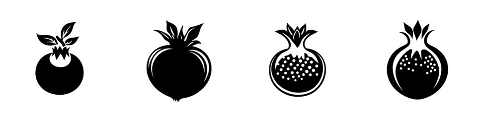 Different styles of pomegranate illustrations showcasing unique designs and shapes against a plain background
