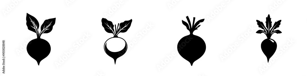 Poster artistic representation of black radishes displayed in a row with varying shapes and sizes