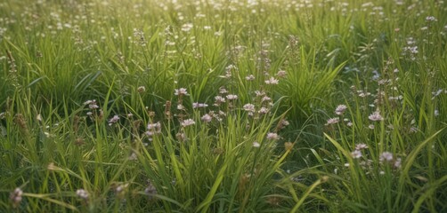 Fototapeta premium Close-up of flowering plants amidst lush June grass , close-up, flowering