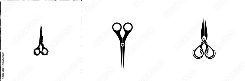 Poster unique designs of scissors with varying styles and sizes on a plain background in a minimalist artis