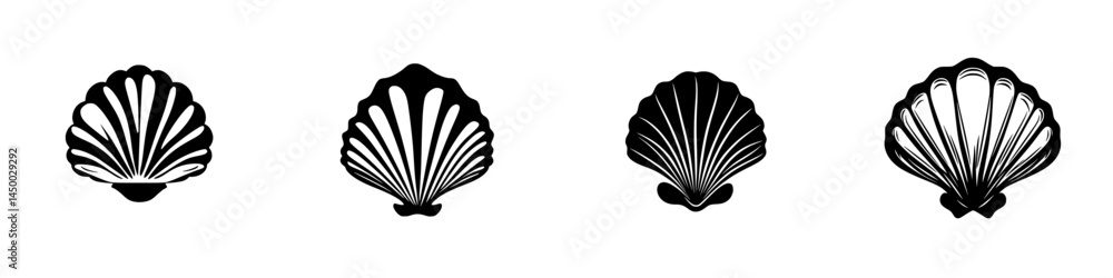 Poster collection of four unique shell designs in black and white showcasing various styles and details sui